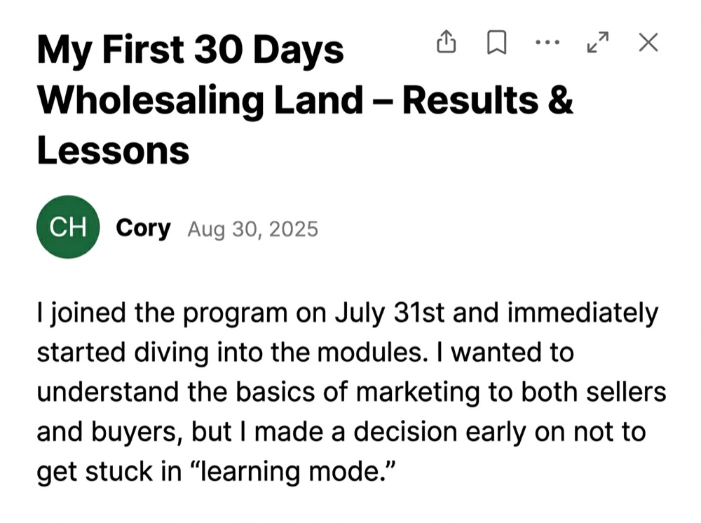 Cory: My first 30 days wholesaling land