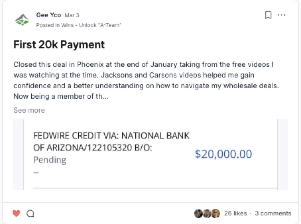 Gee: First $20K payment