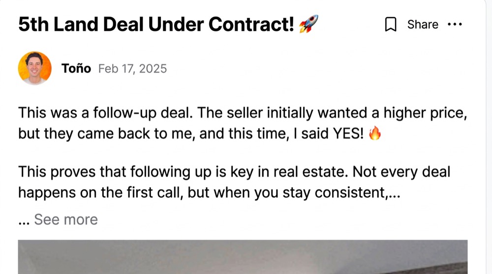 Toño: 5th land deal under contract